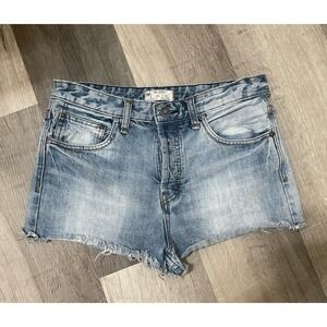 Free People Size 28 High Rise Cut Off Denim Cotton Shorts Blue Button Up
